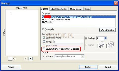Ustalanie drukowania w odwrotnej kolejności w programie Writer pakietu LibreOffice.