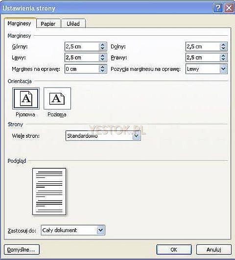 Ustawienia marginesów w programie Word 2007 do wydruku jednostronnego.