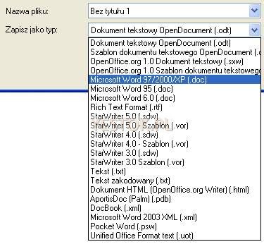 Lista dostępnych typów pliku w programie Writer OpenOffice.org.
