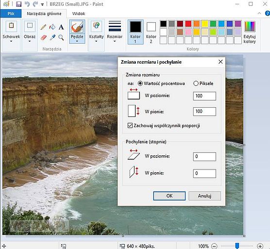 Widok programu Paint w systemie Windows 10 z otwartym okienkiem dialogowym Zmiana rozmiaru i pochylanie.