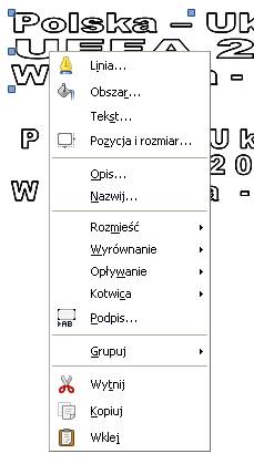 Przykład menu kontekstowego do ustalania obiektu Fontwork.