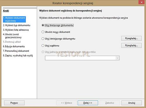 Pierwszy krok kreatora korespondencji seryjnej.