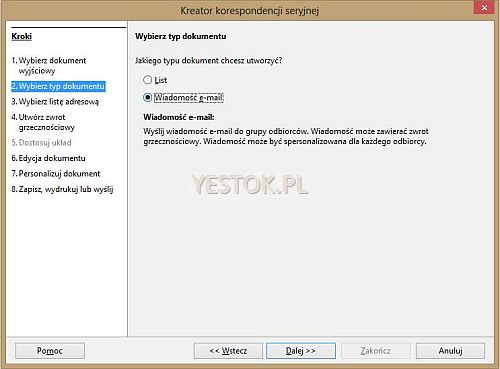 Drugi krok kreatora korespondencji seryjnej.