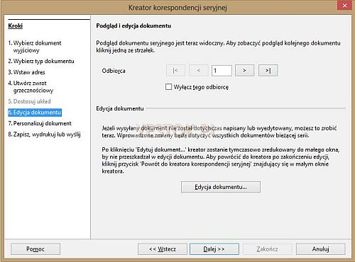 Szósty krok kreatora, edycja dokumentu wyjściowego.