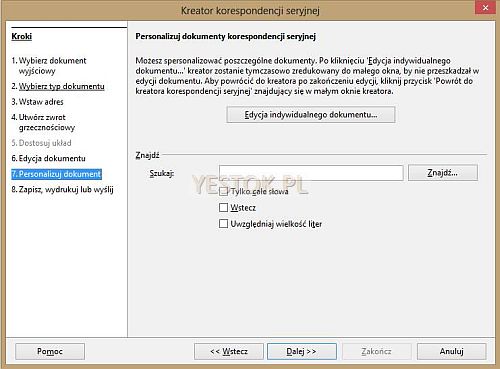 Siódmy krok kreatora. Personalizowanie dokumentów.