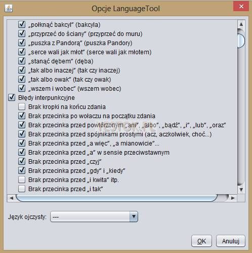 Opcje narzędzia Language Tool.
