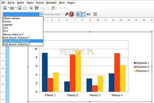 Menu i paski narzędzi tworzenia wykresu w programie Writer - LibreOffice.