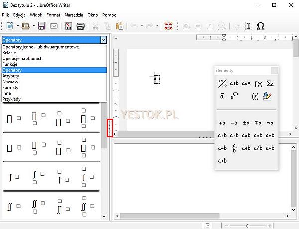 Okno modułu-programu LibreOffice Math.