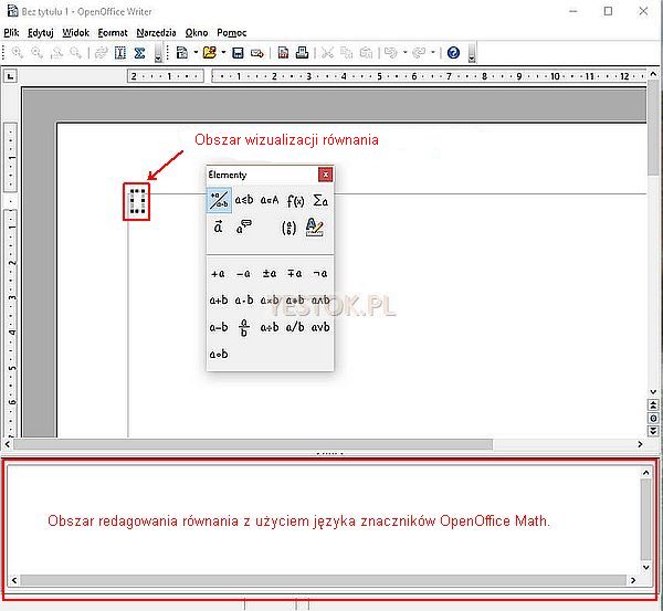 Okno modułu-programu OpenOffice Math.
