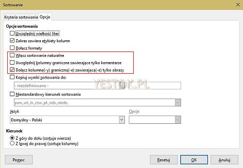 Zakładka "Opcje" okienka dialogowego "Sortowanie".