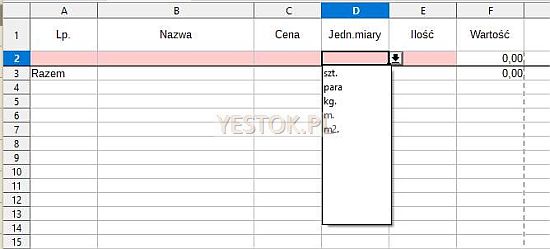 Przykładowa tabela w programie Calc.