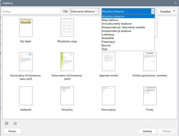Okno zarządzania szablonami w LibreOffice.