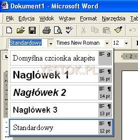 Rozwijana lista styló w programach Word 97-2003