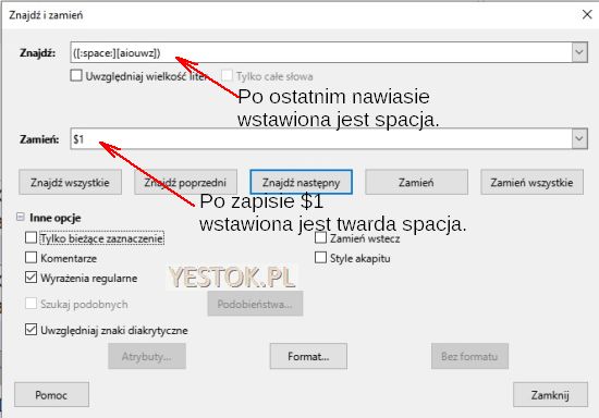 Okienko operacji Znajdź i zamień przygotowane do uzupełnienia jednoliterowych spójników i przyimków twardą spacją