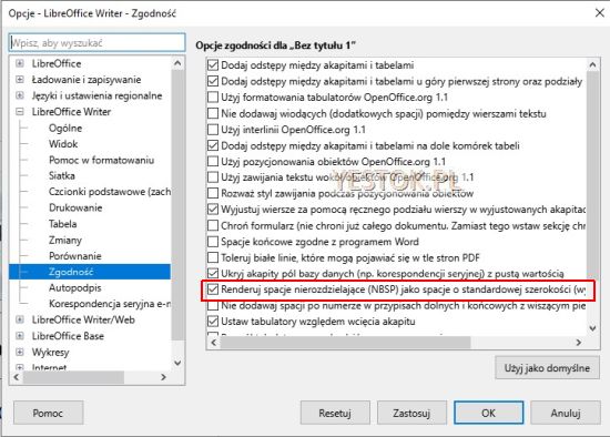 Położenie opcji rozciągliwej twardej spacji.