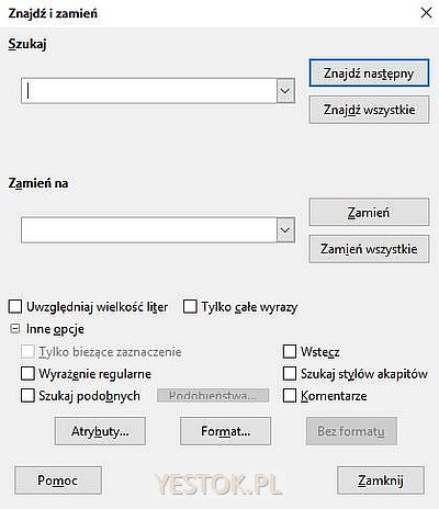 Okno dialogowe Znajdż i zamień w LibreOffice w. 5.1.2