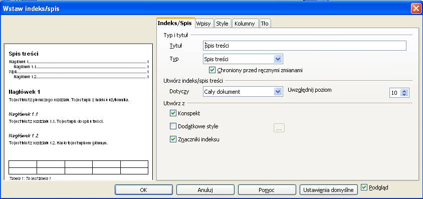 Okno Wstaw indeks/spis zawiera wiele zakładek pozwalających ustawić rozmaite parametry spisu.