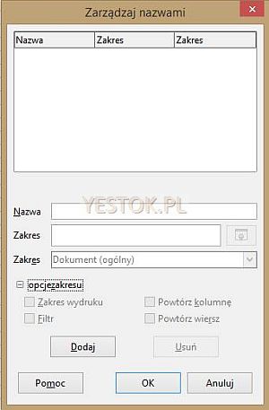 Okienko dialogowe "Zarządzaj nazwami" w LibreOffice.