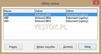 Okienko dialogowe "Wklej nazwy" w LibreOffice.