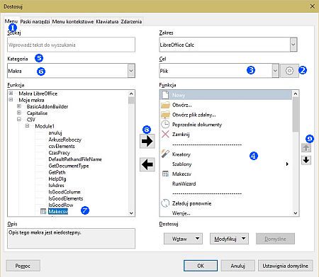 Okni dialogowe "Dostosuj" w programie LibreOffice.